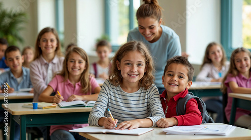Smiling school children sitting at desks in bright modern classroom