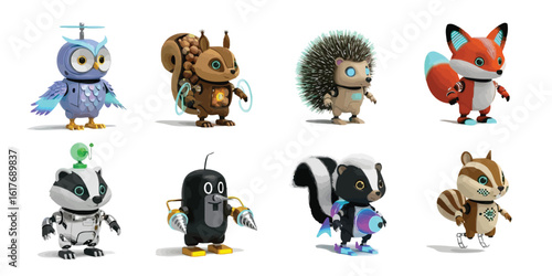 A collection of playful robotic forest animals with glowing eyes, transparent parts, futuristic textures, and mechanical joints, each radiating a unique digital expression and charm
