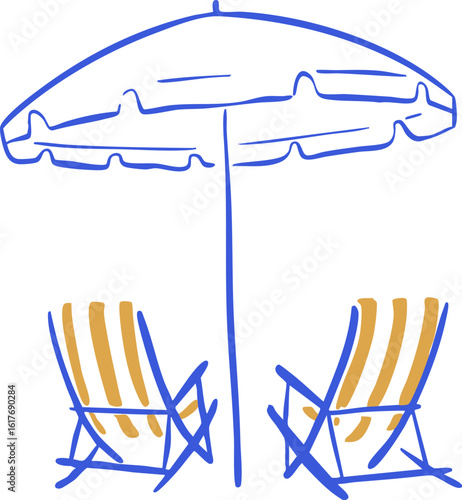 Two beach deck chairs under a sun umbrella, minimalist blue and orange line art illustration of summer resort