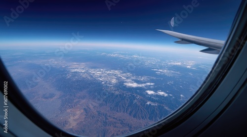 Aerial view of Earth from airplane window, mountains, clouds, and a wing