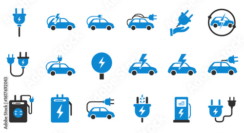 Flat Vector Icons of Electric Vehicle Charging - Blue and Black Style