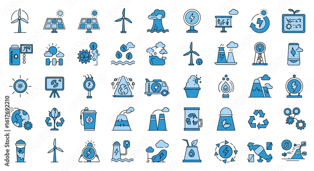 Renewable Energy Vector Icons Set – Solar, Eco, Flat Blue and Black Renewable Energy Vector Icons Set – Solar, Eco, Flat Blue and Black