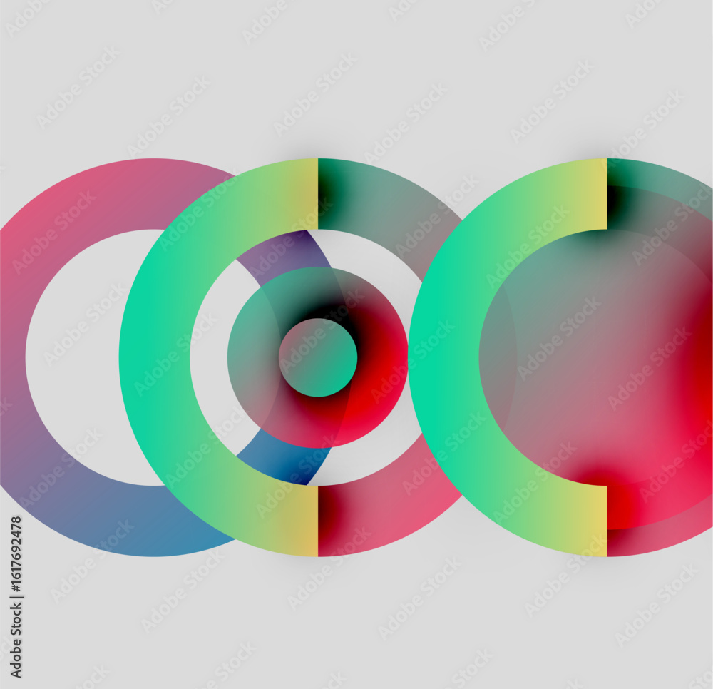 Obraz premium Abstract colorful circles overlap creating dynamic visual effect. Gradient hues blend, forming modern design element.