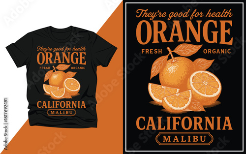 Vintage california orange t shirt design with retro fruit illustration