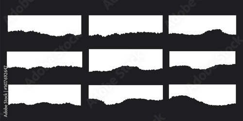 Grunge black ripped torn paper sheets collection on transparent background, ripped edges texture pack for scrapbook or banner design