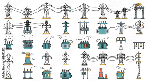 Electric Tower and Power Line Icons – Blue and Black Flat Energy Set