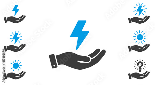 Hand Holding Electric Energy Icon – Flat Blue and Black Vector Style