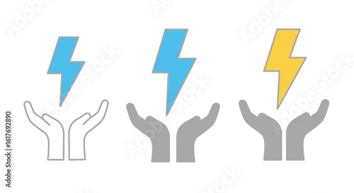 Hand Holding Electric Energy Icon – Flat Blue and Black Vector Style