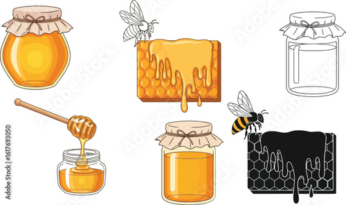 Honey jars and honeycombs vector illustration for natural sweet food and healthy lifestyle concept