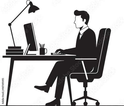 Professional businessman silhouette working diligently at his desk using a computer, ideal for depicting office work, productivity, remote jobs, and corporate environments