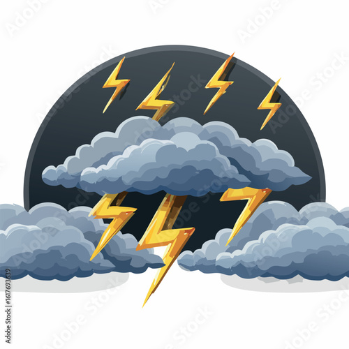 Dramatic vector illustration of a powerful thunderstorm with dark, stormy clouds and bright yellow lightning bolts striking from the sky