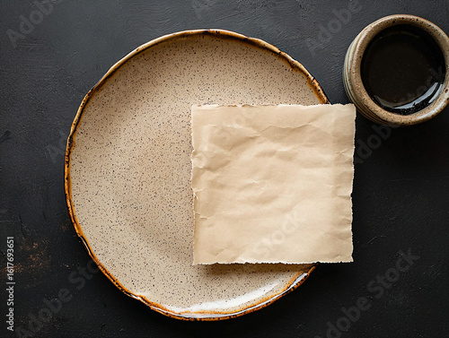 Blank Paper on Rustic Plate with Dark Background and Cup of Tea