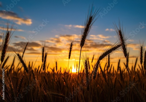 Fototapeta Naklejka Na Ścianę i Meble -  Golden wheat field at sunset with sun peeking through