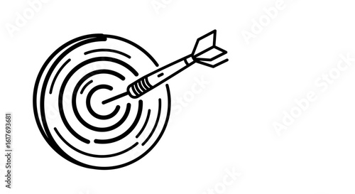 Dart hitting abstract bullseye target in bold black outline style