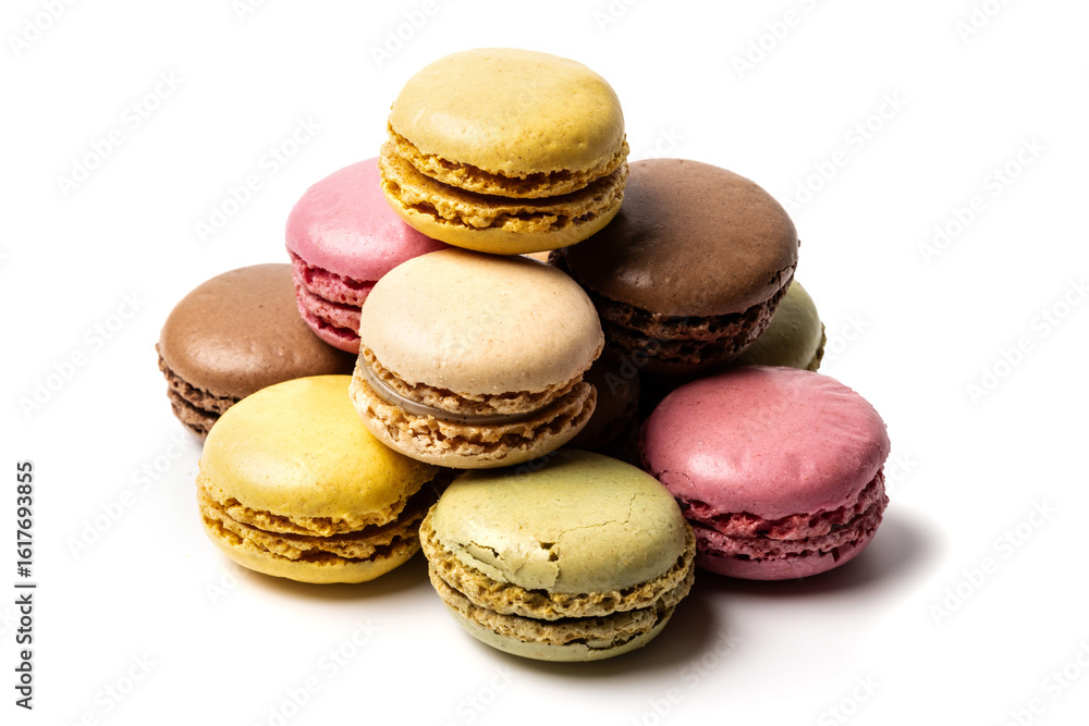 Fototapeta premium Small colorful tasty sweet original classic macaroons cakes isolated on white studio background