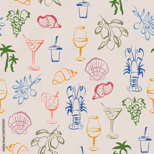 Summer Vacation Seamless Pattern Trendy Line Art Doodles Sketch Style. Hand Drawn Vacation Background Vector Illustration. Doodle Sketch Coastal Print Design.