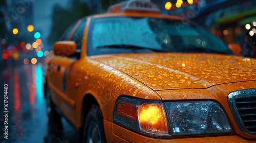 New York City Taxi in the Rain: A classic yellow taxi cab cruises through the city streets during a rainy day, the city lights glistening on the wet asphalt.