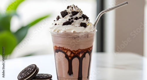 A chocolate milkshake with whipped cream and oreo pieces topped with a metal straw on a white table