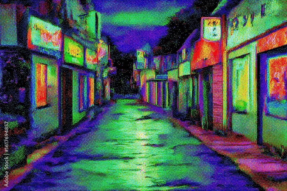 Fototapeta premium Vibrant Night Street Scene with Colorful Lights and Reflections