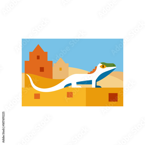 agama lizard sunbathing on village wall