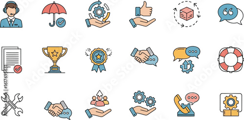 Customer service support help desk vector icons set business solutions and assistance concept design
