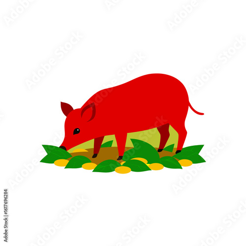 red river hog foraging in leaf litter