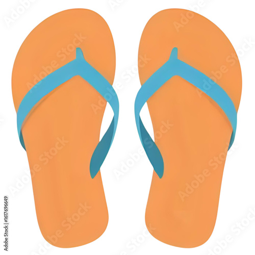 Two orange flip-flops with blue straps, presented on a clean white background.