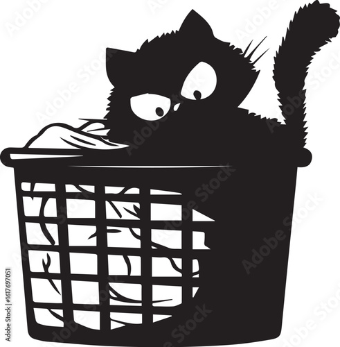Playful Cat Silhouette Hiding Inside a Laundry Hamper