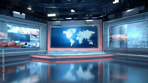 
A news studio set with large screens displaying global events and breaking news, along with people's happy moments, 