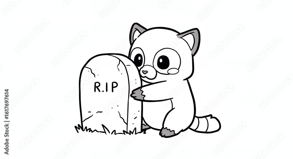 Fototapeta premium Monochrome Raccoon Hugging a Tombstone with RIP Inscription in a Line Art Style on a White Background