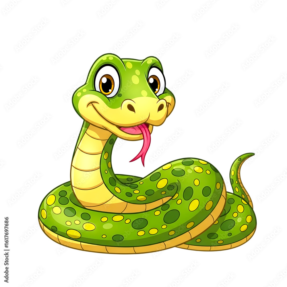 Fototapeta premium Cute cartoon green snake coiled and smiling isolated on transparent background