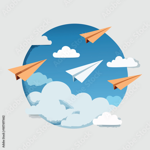 A vector illustration of flying paper planes in a circular paper-cut sky with soft clouds. A single white plane symbolizes leadership and individuality.