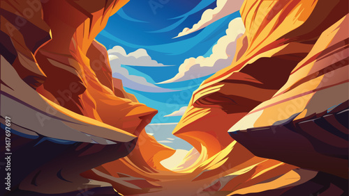 Vibrant canyon landscape with dramatic rock formations and bright sky
