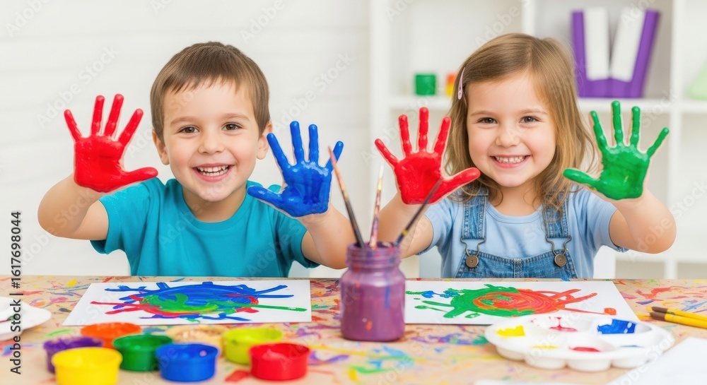 Fototapeta premium Happy children painting with colorful handprints