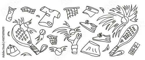 Padel tennis outline sketch set. Racket, ball, sport dress hand drawn marker isolated on white background. Scribble sport equipment elements. Vector fitness and active hobby illustration by pencil.