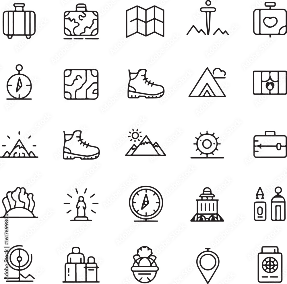 Fototapeta premium Travel and Adventure Outline Icon Set 30 Editable Stroke Vector Symbols of Landmarks and Camping