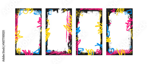 Social media grunge templates. Urban spray background frames set. Graffiti templates with airbrush lines and flecks. Ink and paint punk decor for photo. Textured posters overlay. Vector illustration.