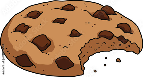A partially eaten chocolate chip cookie with visible crumbs, isolated on white background