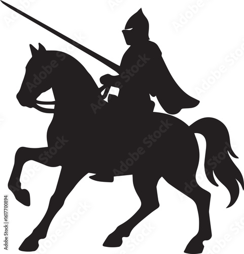 Silhouette of a medieval knight in armor riding a horse, holding a long lance, heroic pose