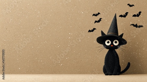 Black Cat Wearing a Witch Hat with Bats for Halloween