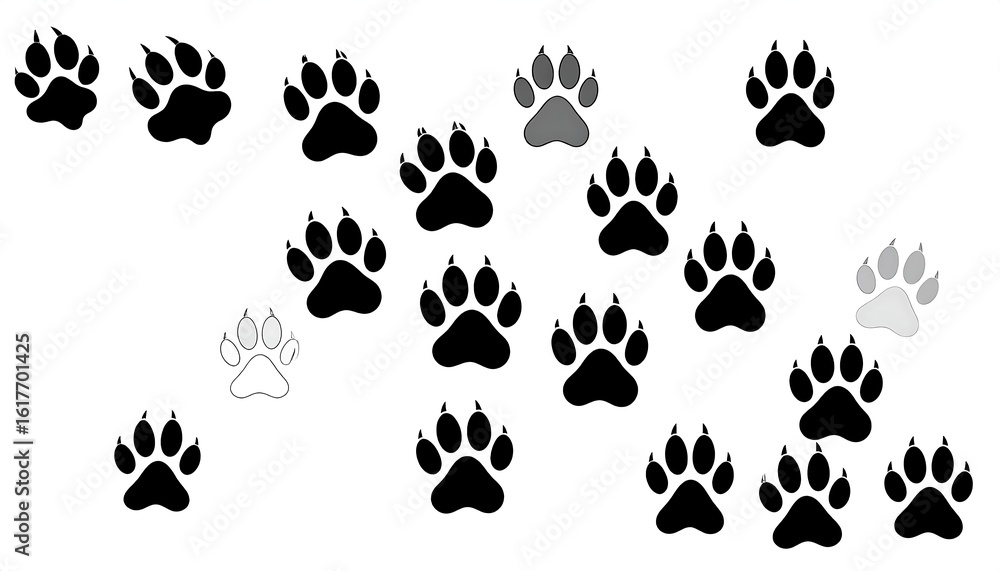 Fototapeta premium Black and Gray Paw Prints on White Background, Various Styles and Shades.