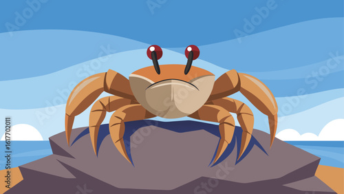 Grumpy cartoon crab sits on a rock by the ocean
