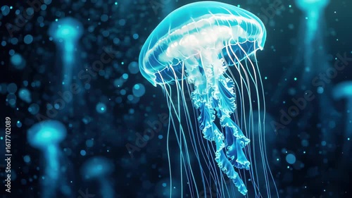 Luminous blue jellyfish gracefully floating in the dark ocean depths, Luminous blue jellyfish illuminated against dark ocean backdrop with floating particles