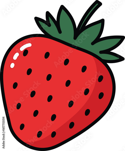 A vibrant red strawberry with green leaves is isolated on white background, showcasing its freshness and sweetness