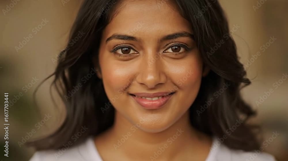 A woman smiles directly at the viewer She has dark hair and brown eyes A woman smiles directly at the viewer She has dark hair and brown eyes