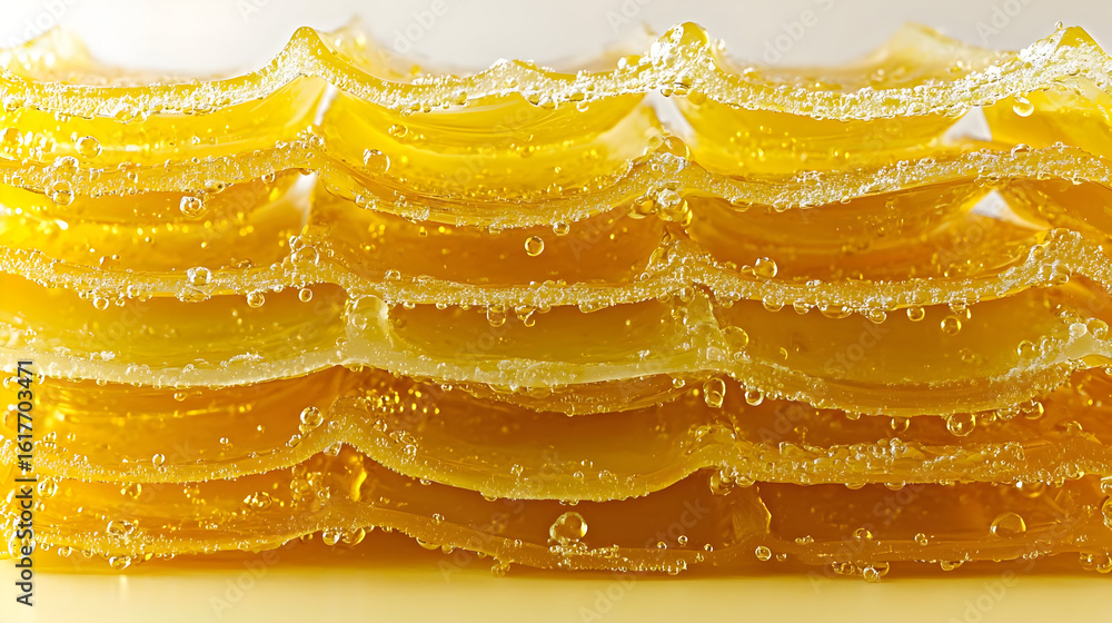 Fototapeta premium Stacked, translucent, yellow layers with bubbles. A close-up view of the layers reveals a bubbly, honey-like consistency