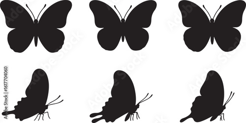 Collection of black butterfly silhouettes in top and side view poses. Vector graphic insect icon set isolated on white background.