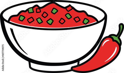 A vibrant bowl of homemade salsa with a red chili pepper, offering a spicy and flavorful addition to any mexicaninspired meal
