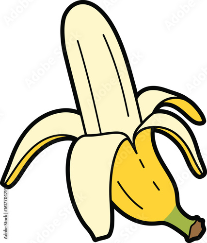 A peeled banana with its yellow fruit exposed, a healthy and delicious snack isolated on white background
