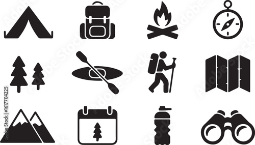 Outdoor adventure and camping solid icon set. Vector symbols for hiking, trekking, and recreational activities.